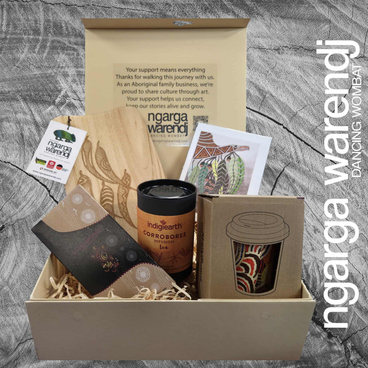 GUM LEAVES GIFT BOX HAMPER 2 - Rectangle Camphor Laurel Board - Keep Cup - Tea - Chocolate - Card