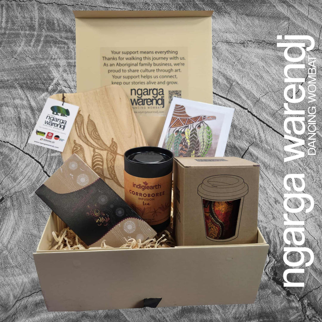 GUM LEAVES GIFT BOX HAMPER 2 - Rectangle Camphor Laurel Board - Keep Cup - Tea - Chocolate - Card