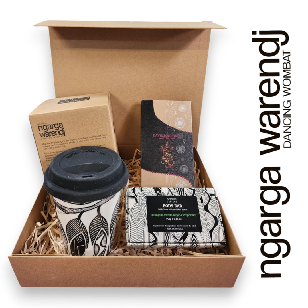 Ngarga Warendj Gift Box Mug or Keep Cup, Indigiearth Tea, Chocolate and Body Bar Hamper Pack
