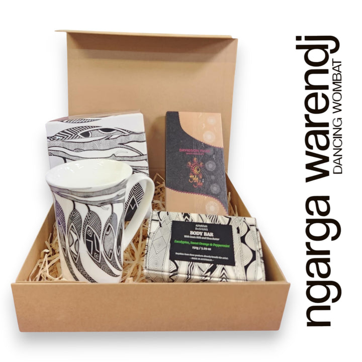 Ngarga Warendj Gift Box Mug or Keep Cup, Indigiearth Tea, Chocolate and Body Bar Hamper Pack