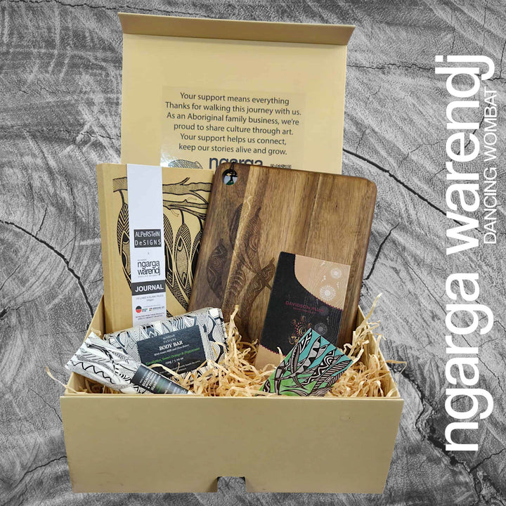 Ngarga Warendj Gift Box Hamper Pack 5 - Rectangle Acacia Board - Journal - Hand Cream - Body Bar - Chocolate - Card
