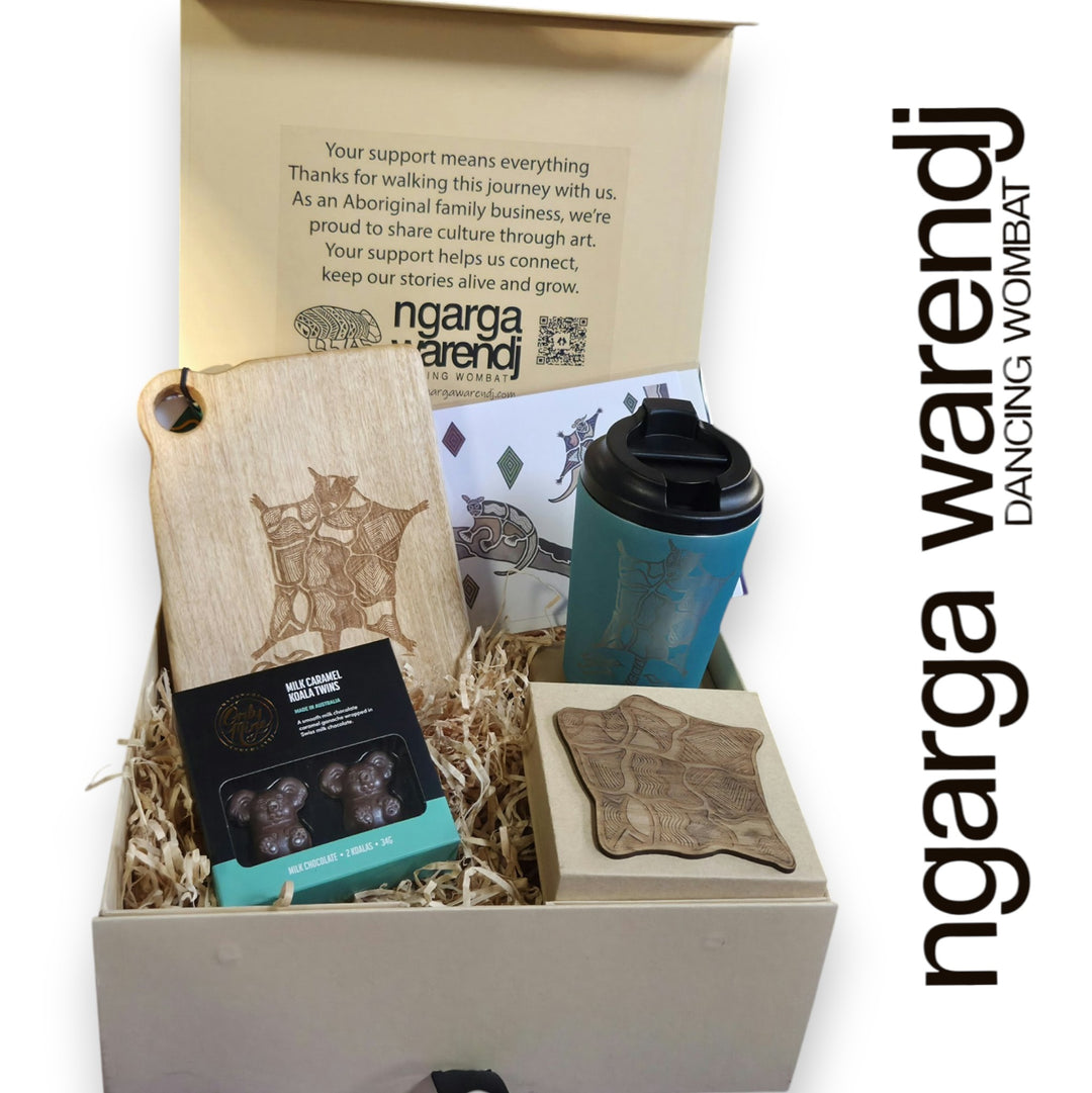 Ngarga Warendj Gift Box Camphor Laurel Board, SS Mug, Possum Cloak Coasters, Card and Chocolate Hamper