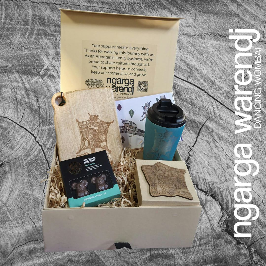 Ngarga Warendj Gift Box Camphor Laurel Board, SS Mug, Possum Cloak Coasters and Chocolate Hamper