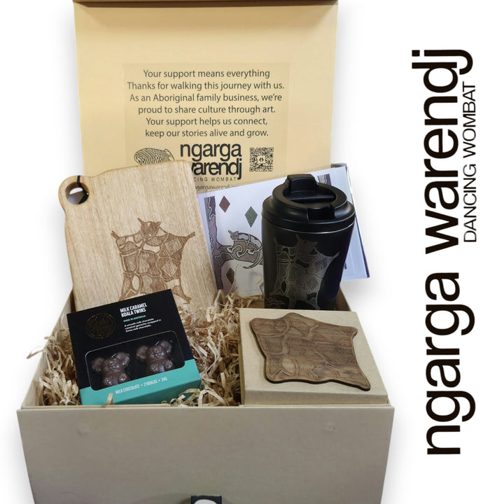 Ngarga Warendj Gift Box Camphor Laurel Board, SS Mug, Possum Cloak Coasters, Card and Chocolate Hamper