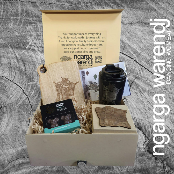 Ngarga Warendj Gift Box Camphor Laurel Board, SS Mug, Possum Cloak Coasters and Chocolate Hamper