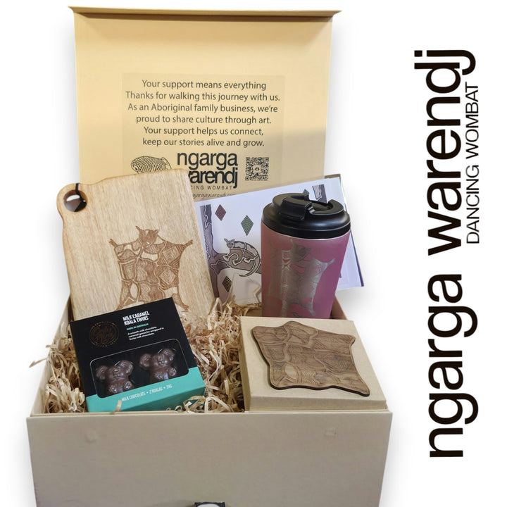 Ngarga Warendj Gift Box Camphor Laurel Board, SS Mug, Possum Cloak Coasters, Card and Chocolate Hamper