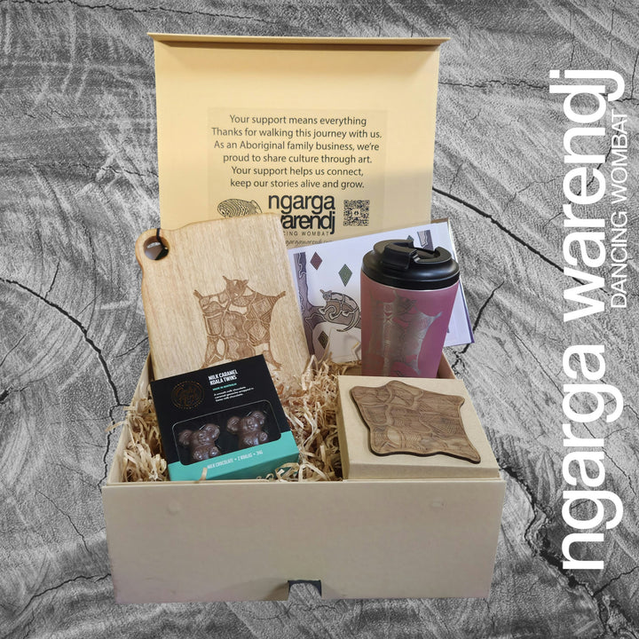 Ngarga Warendj Gift Box Camphor Laurel Board, SS Mug, Possum Cloak Coasters and Chocolate Hamper