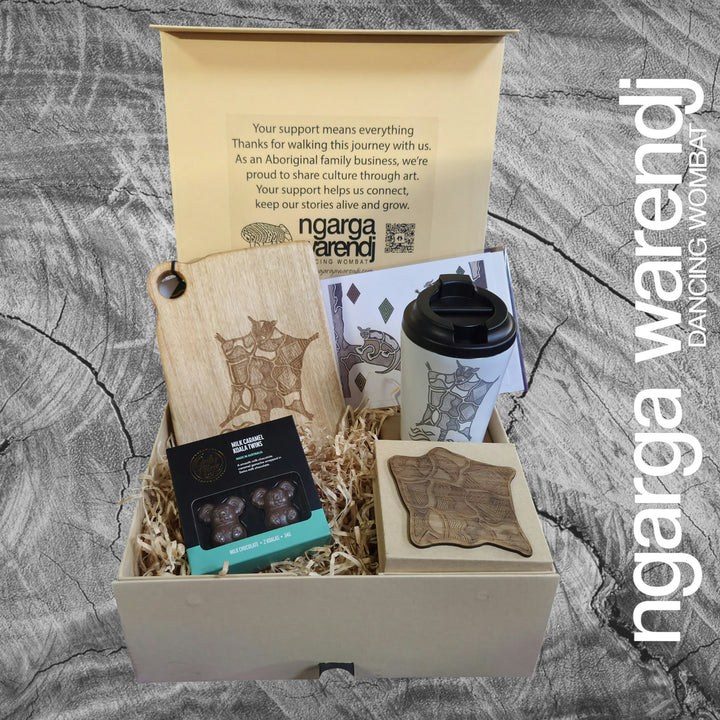 Ngarga Warendj Gift Box Camphor Laurel Board, SS Mug, Possum Cloak Coasters and Chocolate Hamper