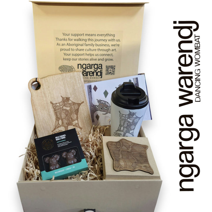 Ngarga Warendj Gift Box Camphor Laurel Board, SS Mug, Possum Cloak Coasters, Card and Chocolate Hamper