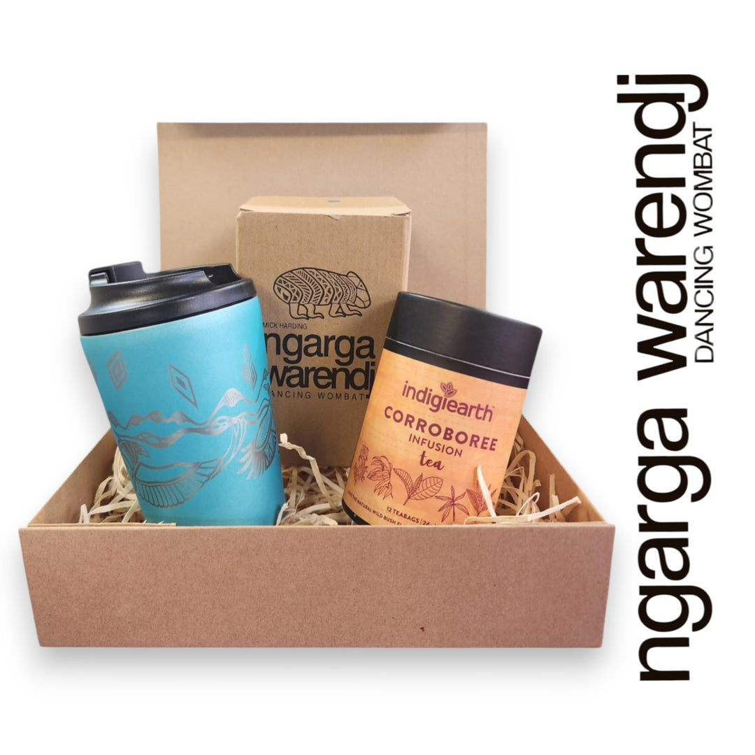 Ngarga Warendj Gift Box Indigiearth Tea and Bunjil and Waa Stainless Steel Keep Cup Hamper Pack
