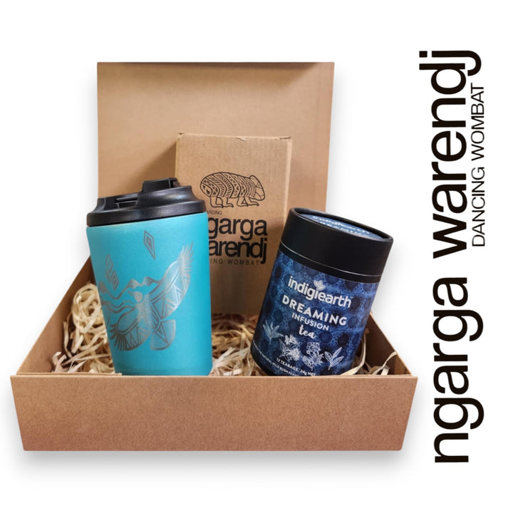 Ngarga Warendj Gift Box Indigiearth Tea and Bunjil and Waa Stainless Steel Keep Cup Hamper Pack