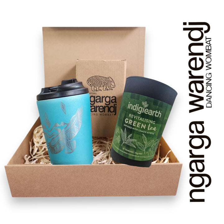 Ngarga Warendj Gift Box Indigiearth Tea and Bunjil and Waa Stainless Steel Keep Cup Hamper Pack