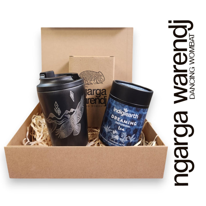 Ngarga Warendj Gift Box Indigiearth Tea and Bunjil and Waa Stainless Steel Keep Cup Hamper Pack