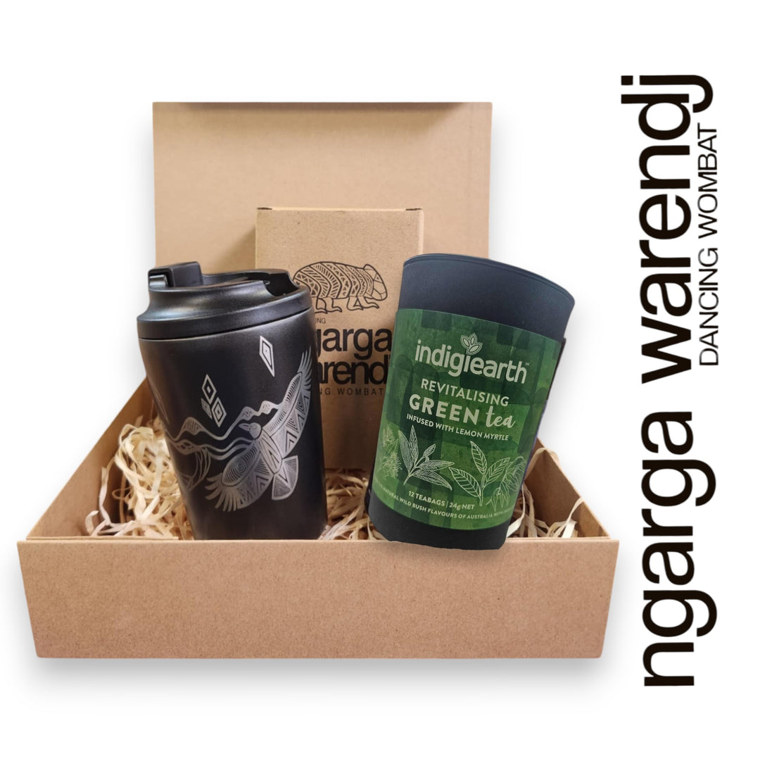Ngarga Warendj Gift Box Indigiearth Tea and Bunjil and Waa Stainless Steel Keep Cup Hamper Pack