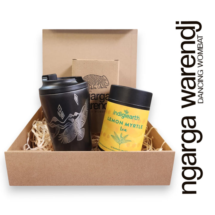 Ngarga Warendj Gift Box Indigiearth Tea and Bunjil and Waa Stainless Steel Keep Cup Hamper Pack