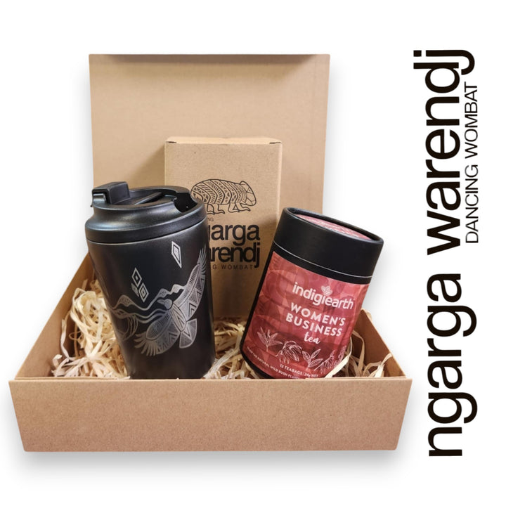 Ngarga Warendj Gift Box Indigiearth Tea and Bunjil and Waa Stainless Steel Keep Cup Hamper Pack