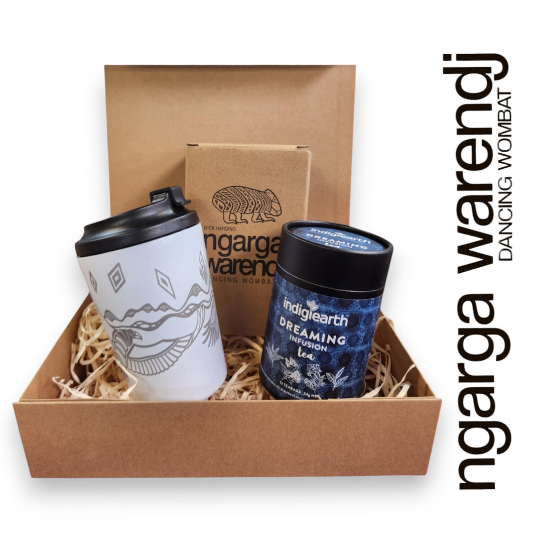 Ngarga Warendj Gift Box Indigiearth Tea and Bunjil and Waa Stainless Steel Keep Cup Hamper Pack