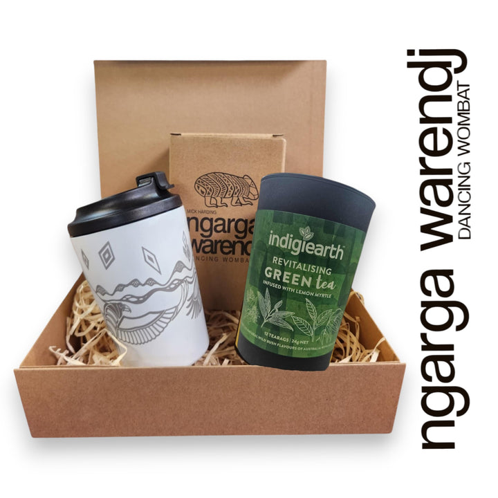 Ngarga Warendj Gift Box Indigiearth Tea and Bunjil and Waa Stainless Steel Keep Cup Hamper Pack