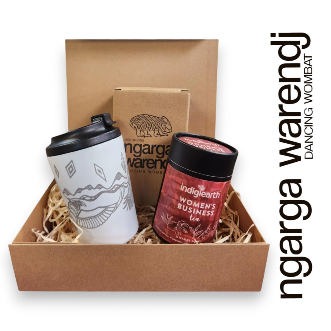 Ngarga Warendj Gift Box Indigiearth Tea and Bunjil and Waa Stainless Steel Keep Cup Hamper Pack
