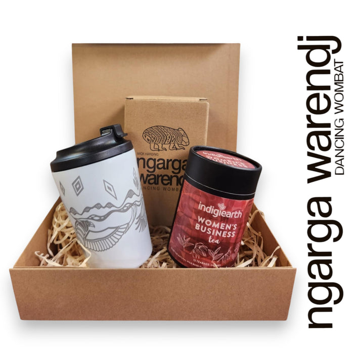 Ngarga Warendj Gift Box Indigiearth Tea and Bunjil and Waa Stainless Steel Keep Cup Hamper Pack