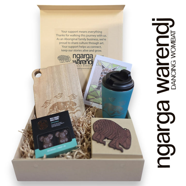 Ngarga Warendj Gift Box Camphor Laurel Board, SS Mug, Wombat Coasters and Chocolate Hamper