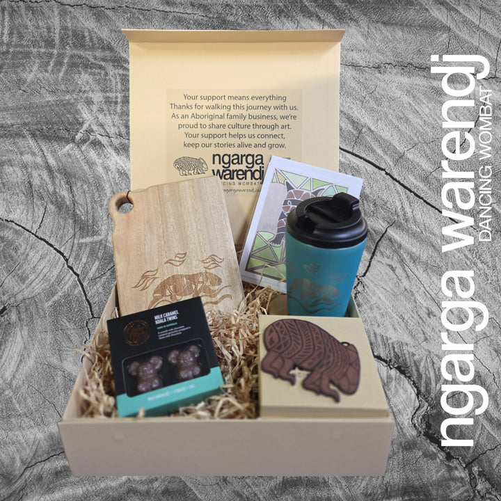 Ngarga Warendj Gift Box Camphor Laurel Board, SS Mug, Wombat Coasters and Chocolate Hamper
