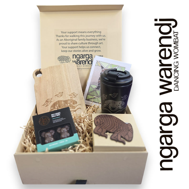 Ngarga Warendj Gift Box Camphor Laurel Board, SS Mug, Wombat Coasters and Chocolate Hamper
