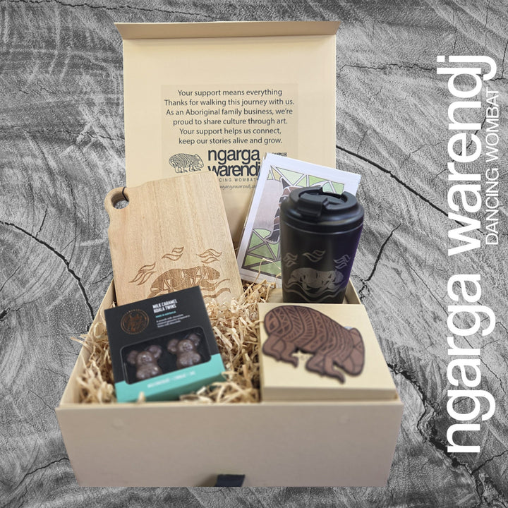 Ngarga Warendj Gift Box Camphor Laurel Board, SS Mug, Wombat Coasters and Chocolate Hamper