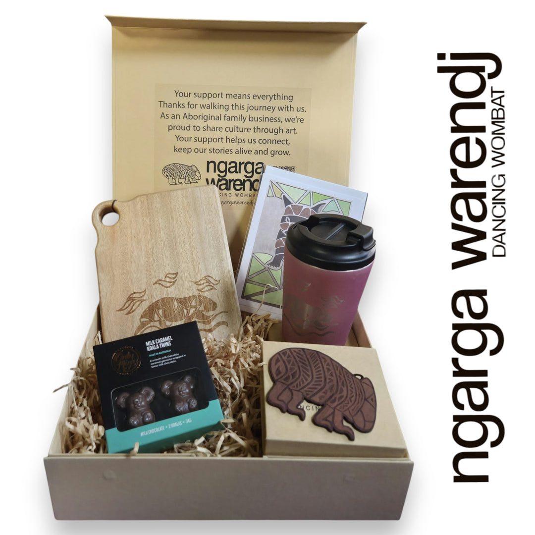 Ngarga Warendj Gift Box Camphor Laurel Board, SS Mug, Wombat Coasters and Chocolate Hamper