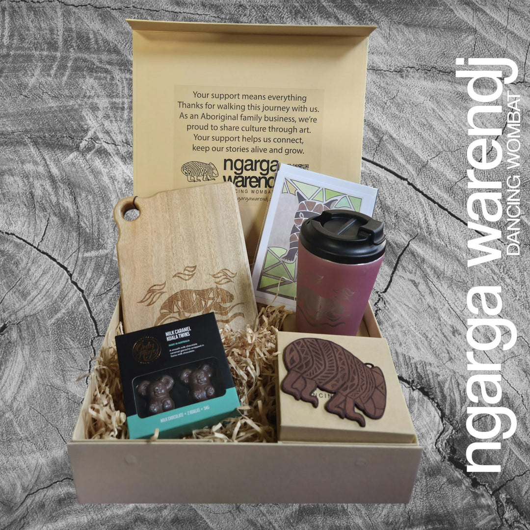 Ngarga Warendj Gift Box Camphor Laurel Board, SS Mug, Wombat Coasters and Chocolate Hamper