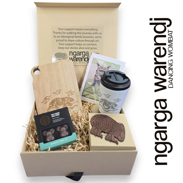 Ngarga Warendj Gift Box Camphor Laurel Board, SS Mug, Wombat Coasters and Chocolate Hamper