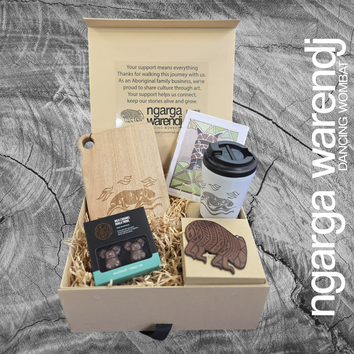 Ngarga Warendj Gift Box Camphor Laurel Board, SS Mug, Wombat Coasters and Chocolate Hamper