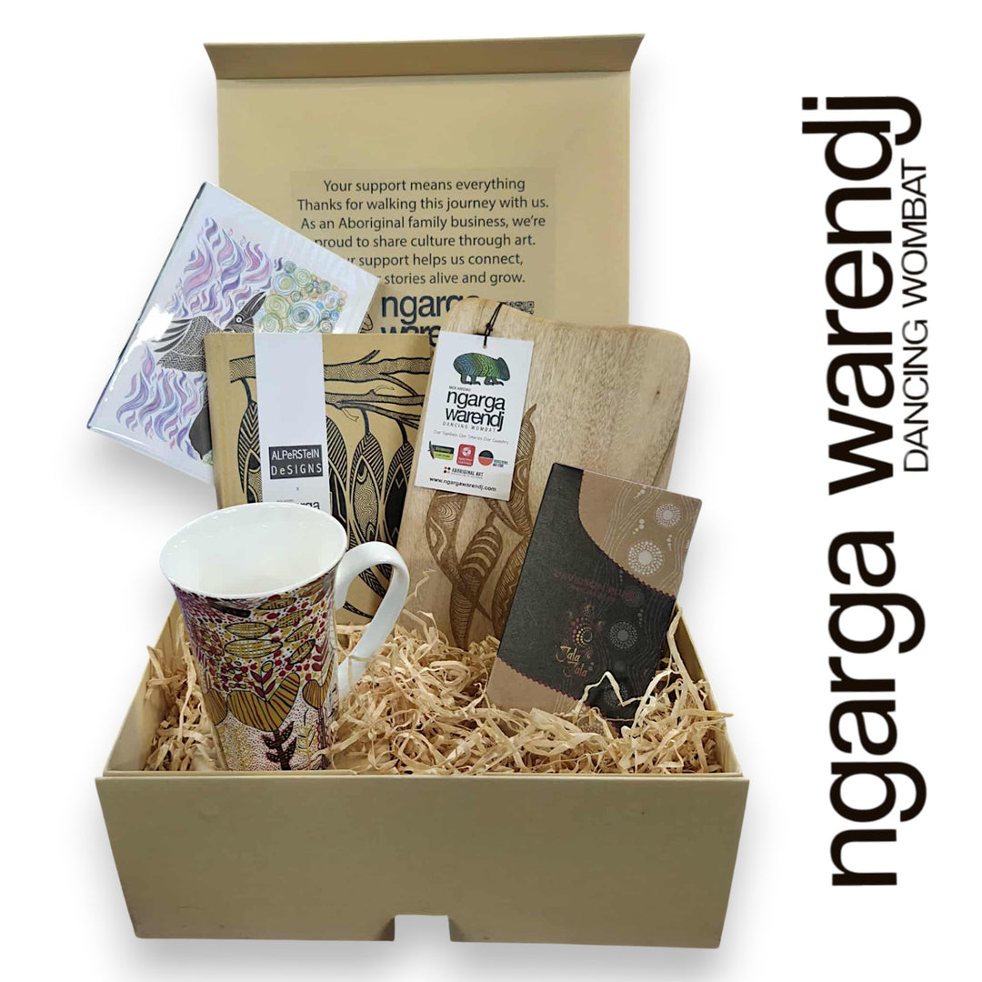 GUM LEAVES GIFT BOX HAMPER 1 - Rectangle Camphor Laurel Board - Gum Leaves Mug - Journal - Chocolate - Card