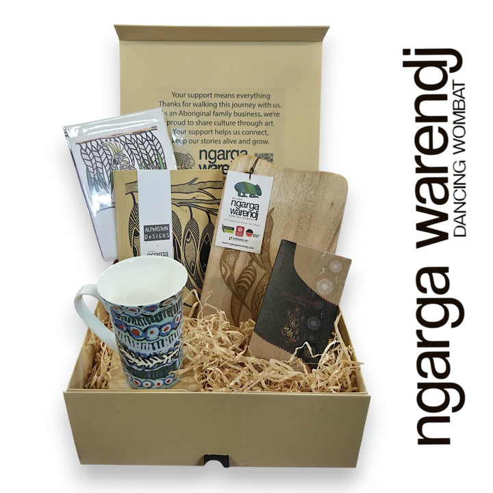 GUM LEAVES GIFT BOX HAMPER 1 - Rectangle Camphor Laurel Board - Gum Leaves Mug - Journal - Chocolate - Card