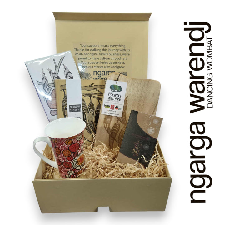 GUM LEAVES GIFT BOX HAMPER 1 - Rectangle Camphor Laurel Board - Gum Leaves Mug - Journal - Chocolate - Card