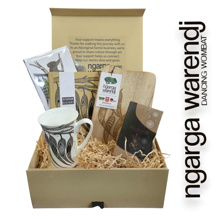 GUM LEAVES GIFT BOX HAMPER 1 - Rectangle Camphor Laurel Board - Gum Leaves Mug - Journal - Chocolate - Card