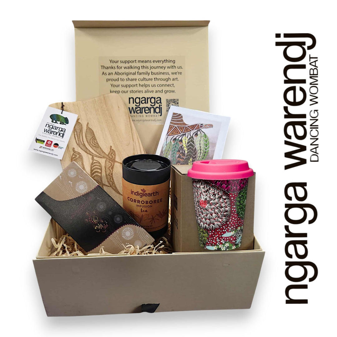 GUM LEAVES GIFT BOX HAMPER 2 - Rectangle Camphor Laurel Board - Keep Cup - Tea - Chocolate - Card