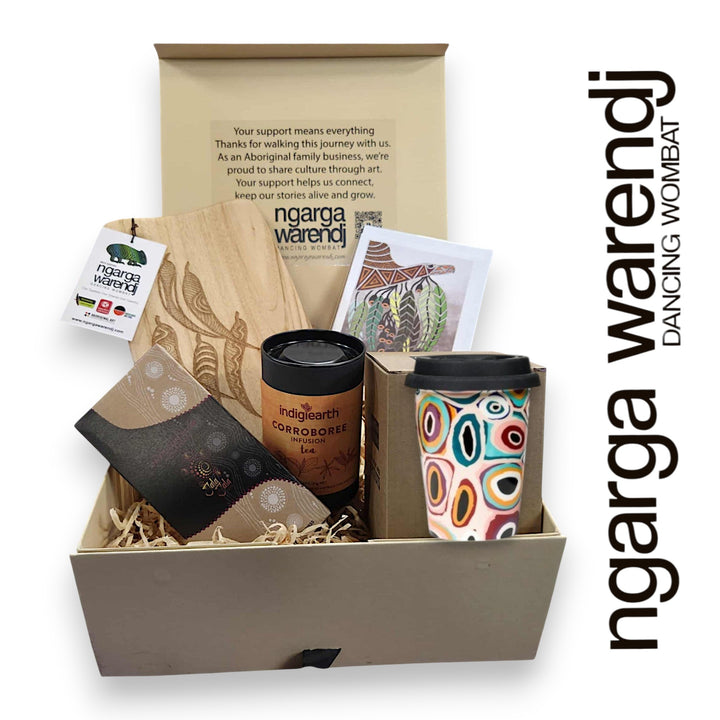 GUM LEAVES GIFT BOX HAMPER 2 - Rectangle Camphor Laurel Board - Keep Cup - Tea - Chocolate - Card