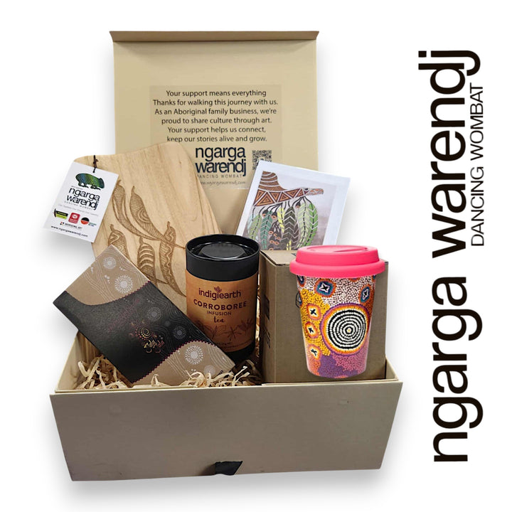 GUM LEAVES GIFT BOX HAMPER 2 - Rectangle Camphor Laurel Board - Keep Cup - Tea - Chocolate - Card