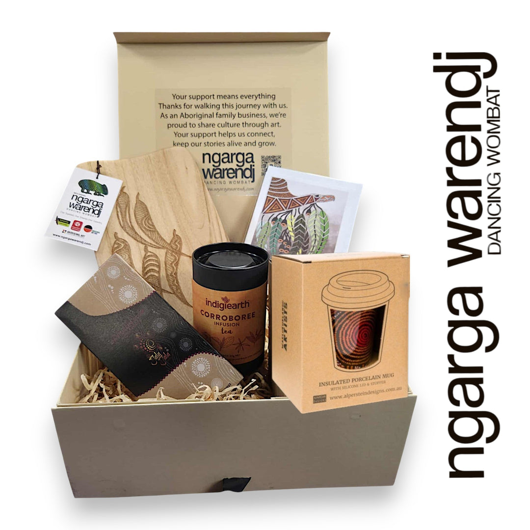 GUM LEAVES GIFT BOX HAMPER 2 - Rectangle Camphor Laurel Board - Keep Cup - Tea - Chocolate - Card