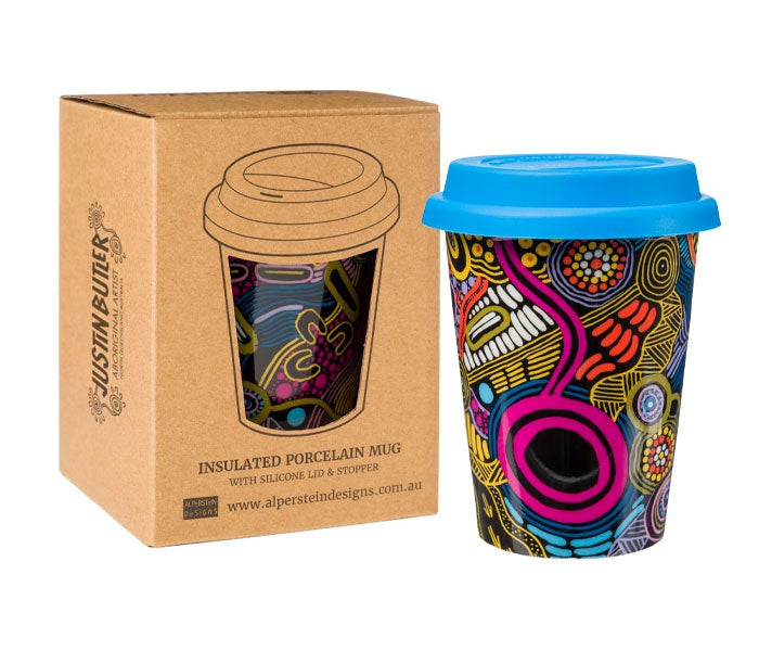 INSULATED MUG KEEP CUP WITH ASSORTED ABORIGINAL ART DESIGNS