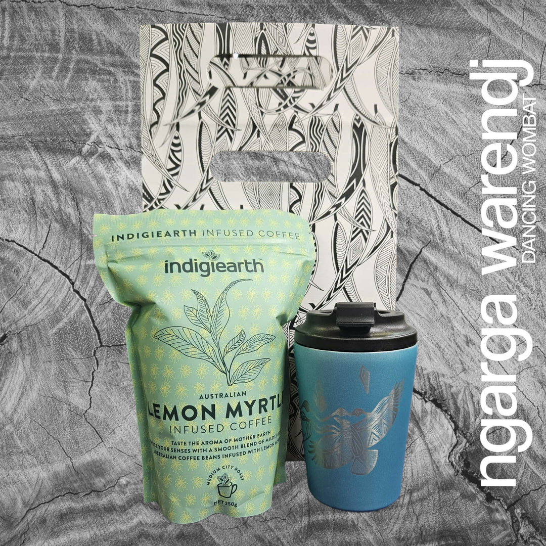 Ngarga Warendj Gift Bag, Stainless Steel Bunjil and Waa Keep Cup and Indigiearth Infused Coffee
