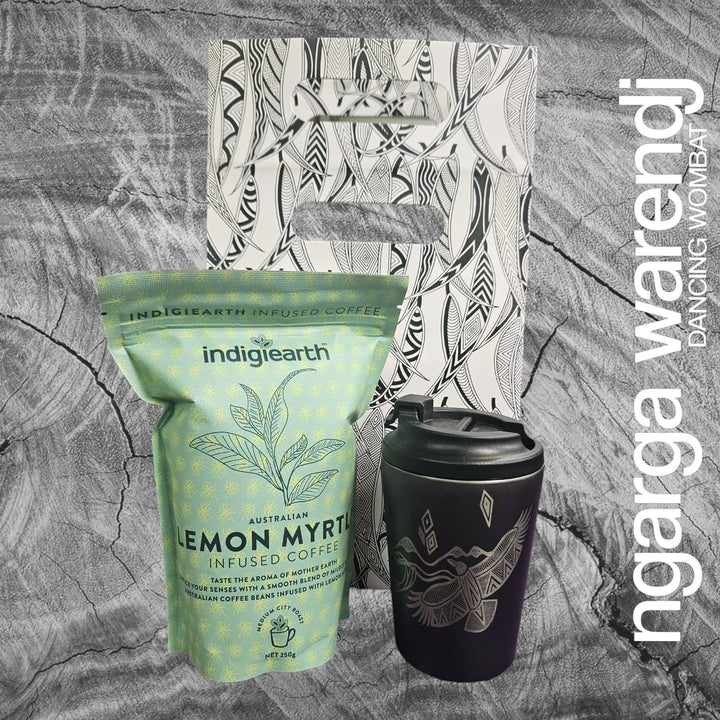 Ngarga Warendj Gift Bag, Stainless Steel Bunjil and Waa Keep Cup and Indigiearth Infused Coffee