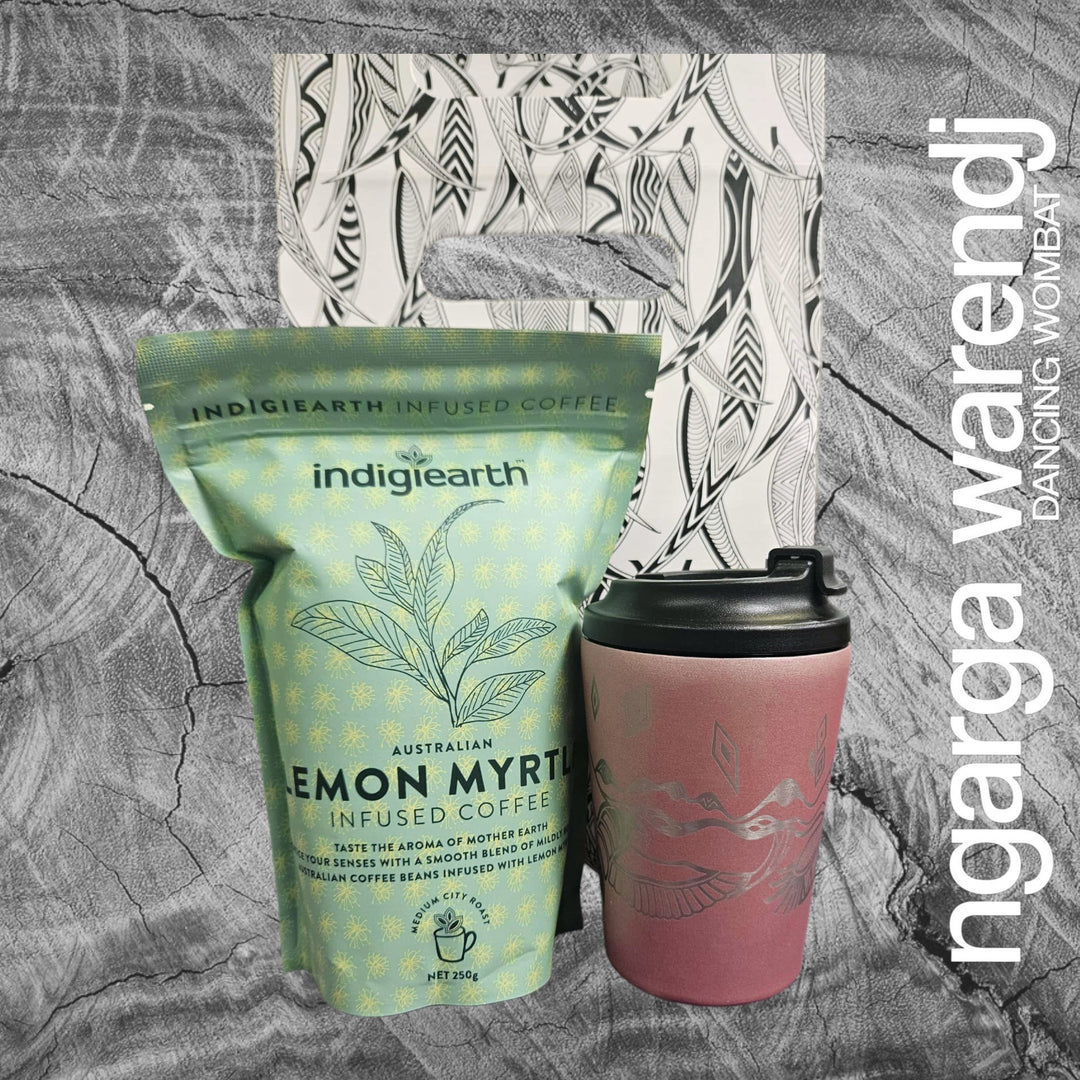 Ngarga Warendj Gift Bag, Stainless Steel Bunjil and Waa Keep Cup and Indigiearth Infused Coffee
