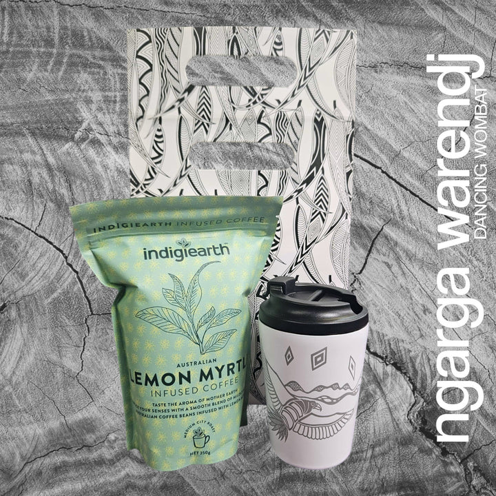 Ngarga Warendj Gift Bag, Stainless Steel Bunjil and Waa Keep Cup and Indigiearth Infused Coffee