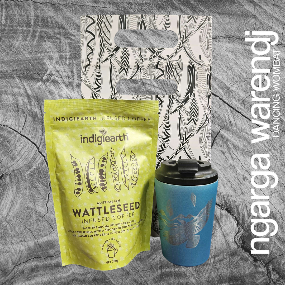 Ngarga Warendj Gift Bag, Stainless Steel Bunjil and Waa Keep Cup and Indigiearth Infused Coffee