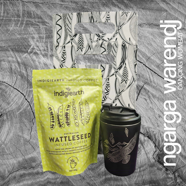 Ngarga Warendj Gift Bag, Stainless Steel Bunjil and Waa Keep Cup and Indigiearth Infused Coffee