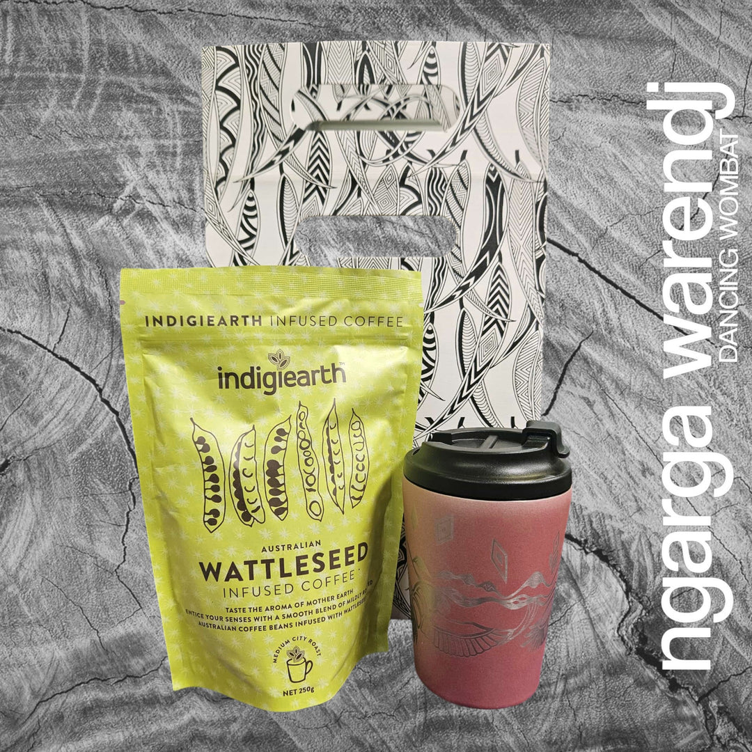 Ngarga Warendj Gift Bag, Stainless Steel Bunjil and Waa Keep Cup and Indigiearth Infused Coffee