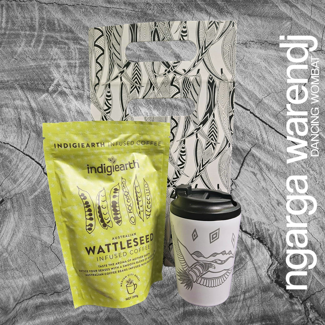 Ngarga Warendj Gift Bag, Stainless Steel Bunjil and Waa Keep Cup and Indigiearth Infused Coffee