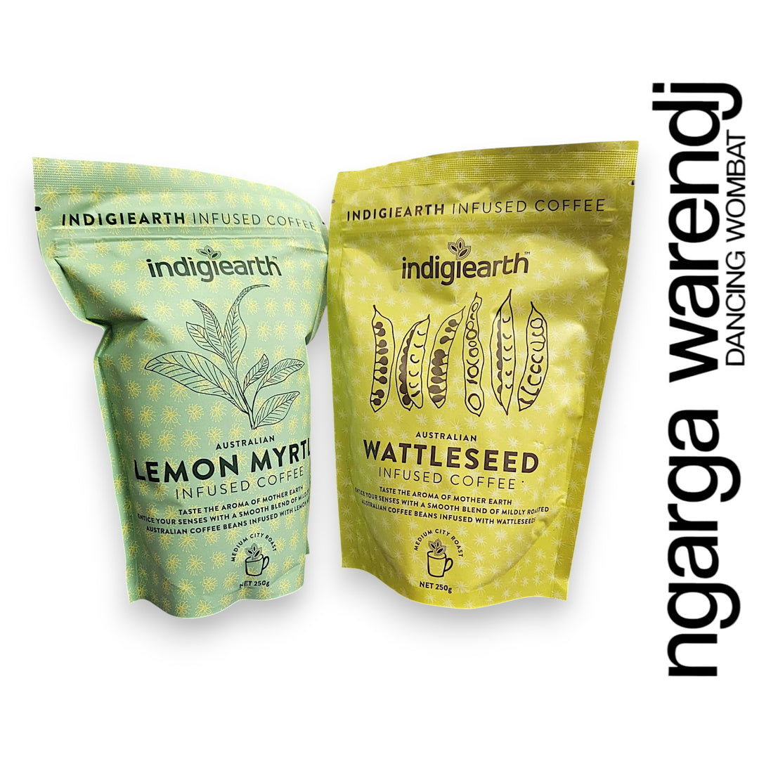 Two packages of Indigiearth coffee, one lemon myrtle and one wattleseed, on a white background with 'ngarga warden' branding.